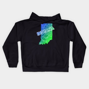 Colorful mandala art map of Indiana with text in blue and green Kids Hoodie